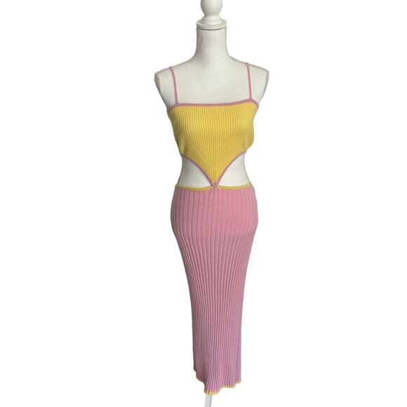 Mable Color Block Cutout Midi Dress Ribbed Pink and Yellow M - Picture 2 of 10